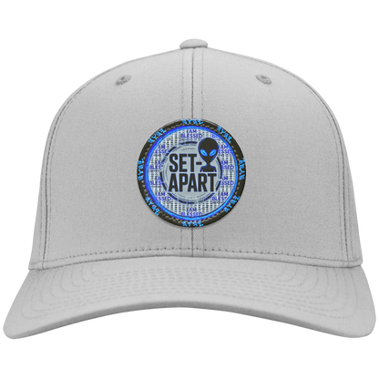 Silver cap with a small circular logo featuring text and an alien icon on a white background