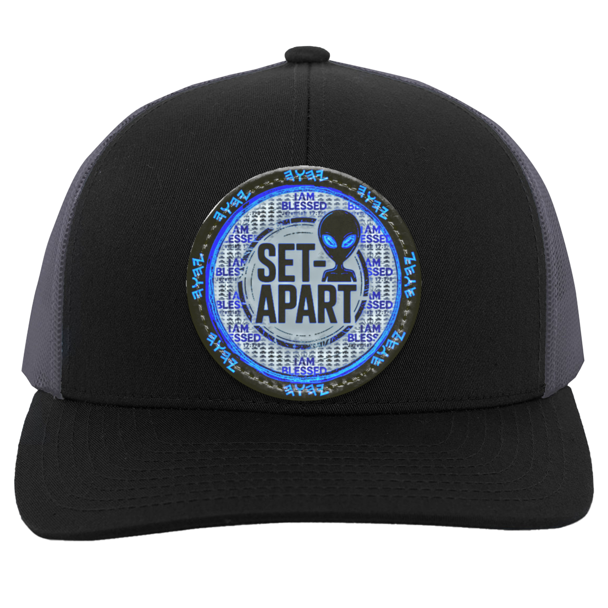 Qadosh Remnant Set-Apart trucker snapback featuring Paleo-Hebrew script, alien emblem, and Jeremiah 17:7 "I AM BLESSED" seal on black & gray trucker snapback.