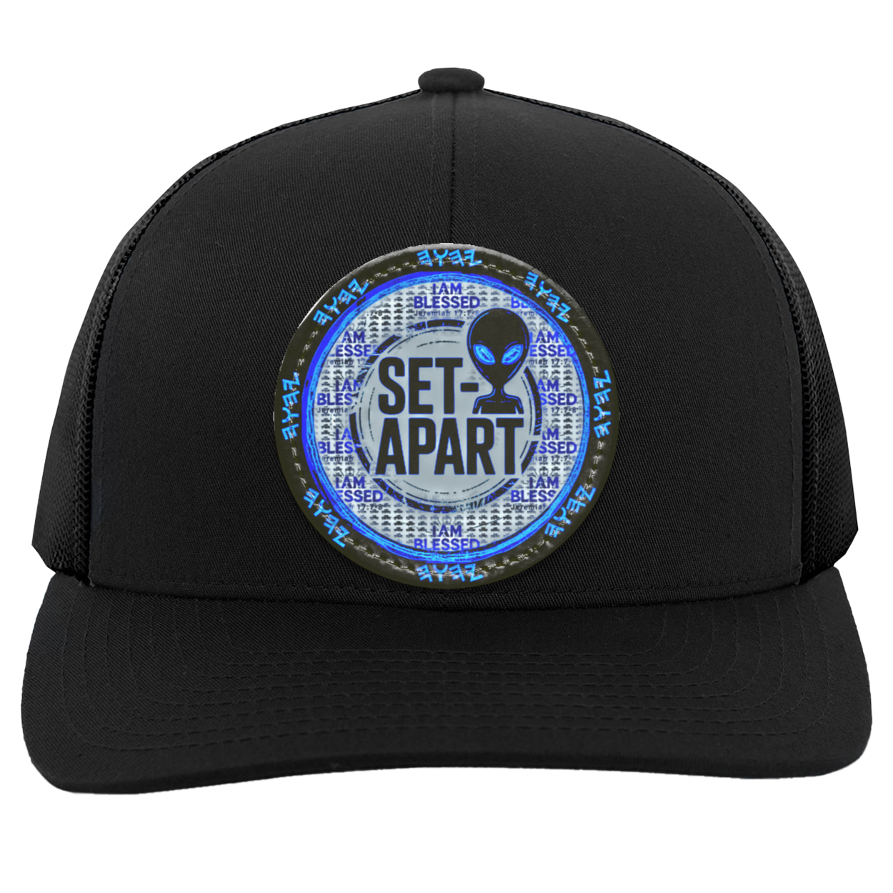 Qadosh Remnant Set-Apart trucker snapback featuring Paleo-Hebrew script, alien emblem, and Jeremiah 17:7 "I AM BLESSED" seal on black trucker snapback.