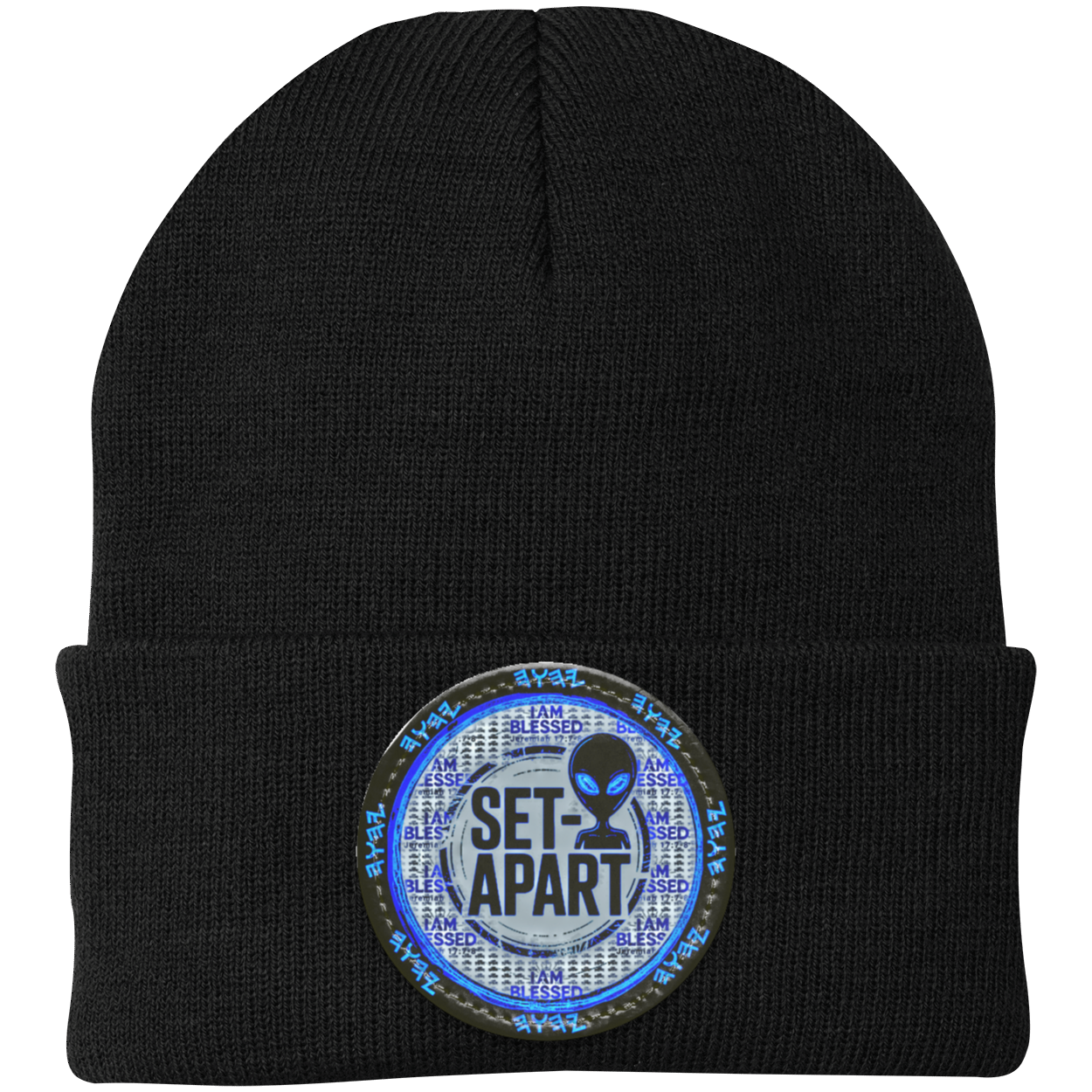 Qadosh Set-Apart Acrylic Cuffed Beanie by TRP. Features a blue "I Am Blessed" Jeremiah 17:7 patch on a black knit beanie for the Holy Remnant.