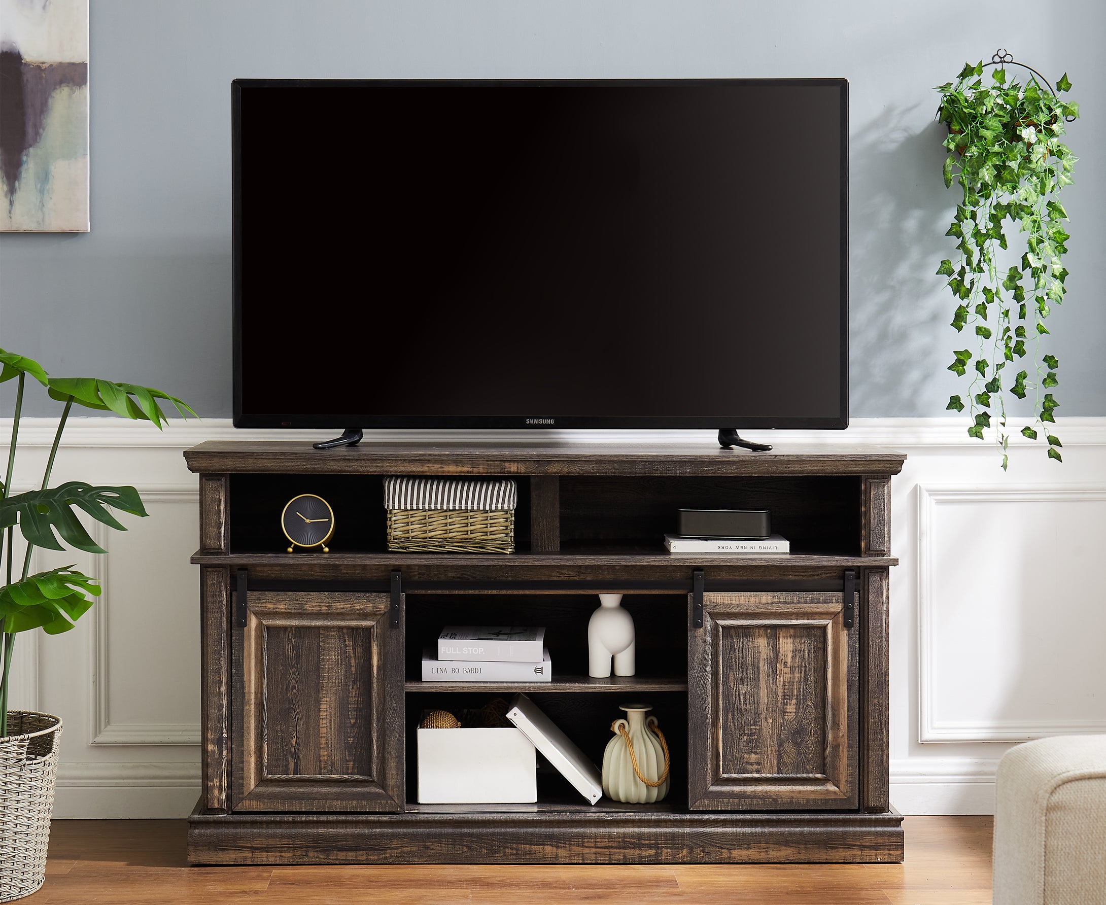 Mid Century Style Sliding Door Entertainment Center with Storage Cabinet, Antique Brown