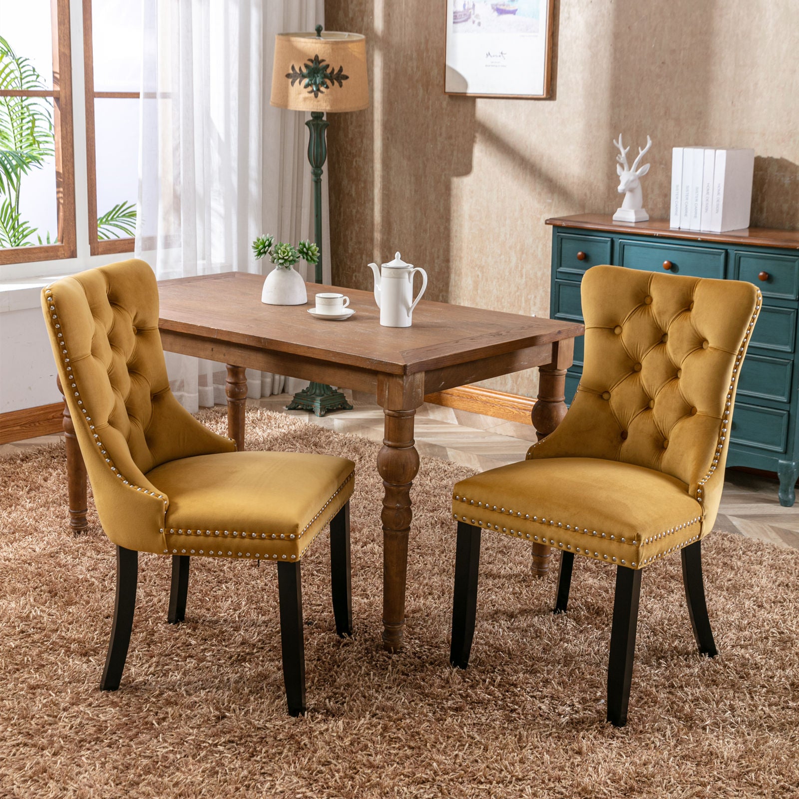 High-end Tufted Solid Wood Contemporary Velvet Upholstered Dining Chair with Wood Legs Nailhead Trim 2-Pcs Set, Golden