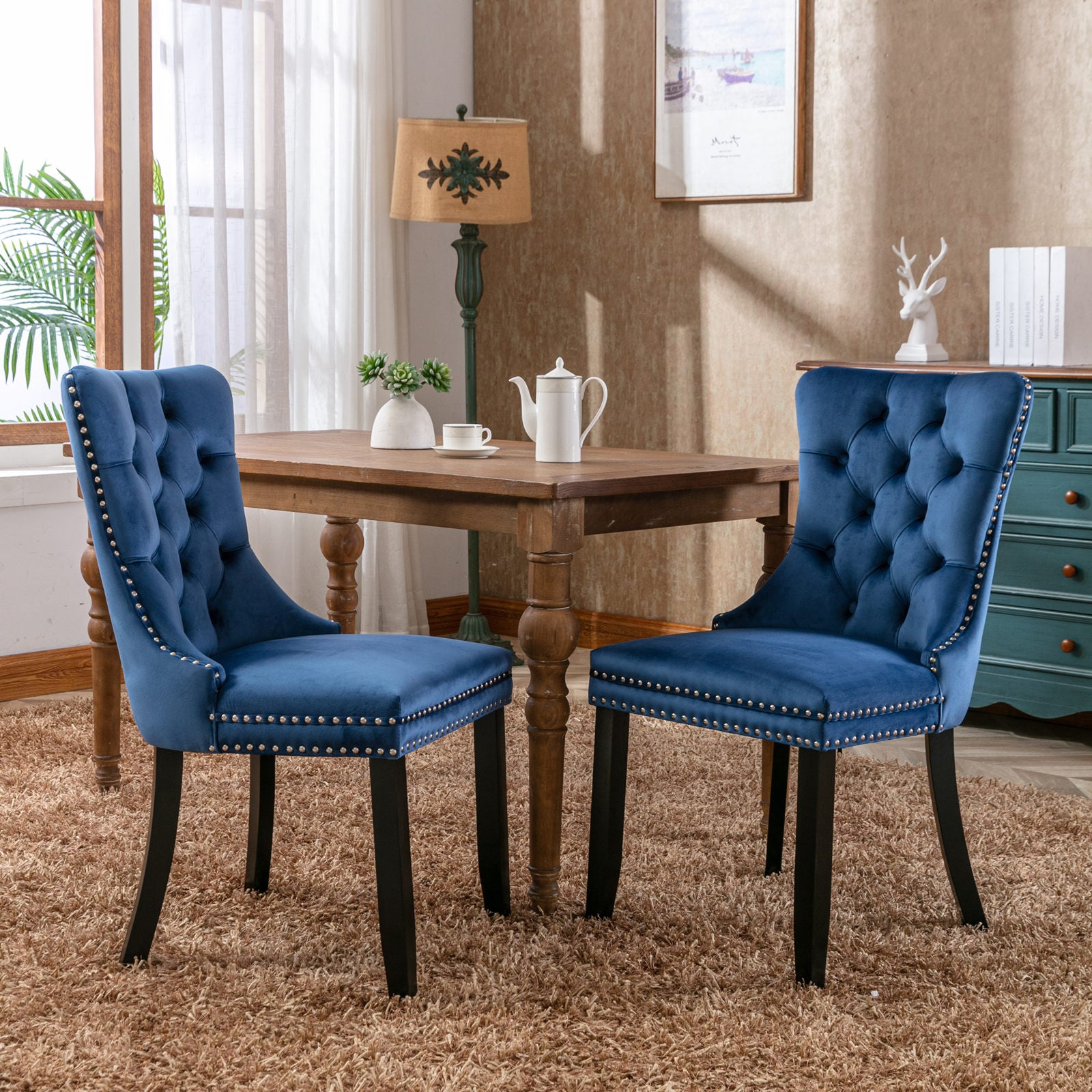 High-end Tufted Solid Wood Contemporary Velvet Upholstered Dining Chair with Wood Legs Nailhead Trim 2-Pcs Set, Blue