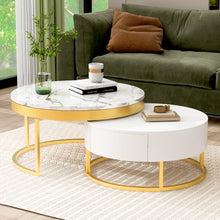 Cargar imagen en el visor de la galería, Modern Round Nesting Coffee Tables with 2 Drawers, Golden+White
