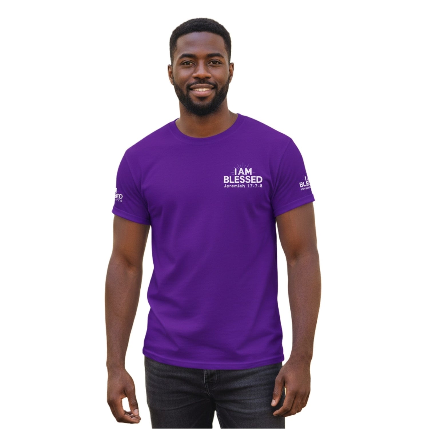 ​Lifestyle product shot of the TRP I AM BLESSED purple tee. The design features minimalist white typography on the chest and sleeves, centered on the biblical theme of being like a tree planted by water.