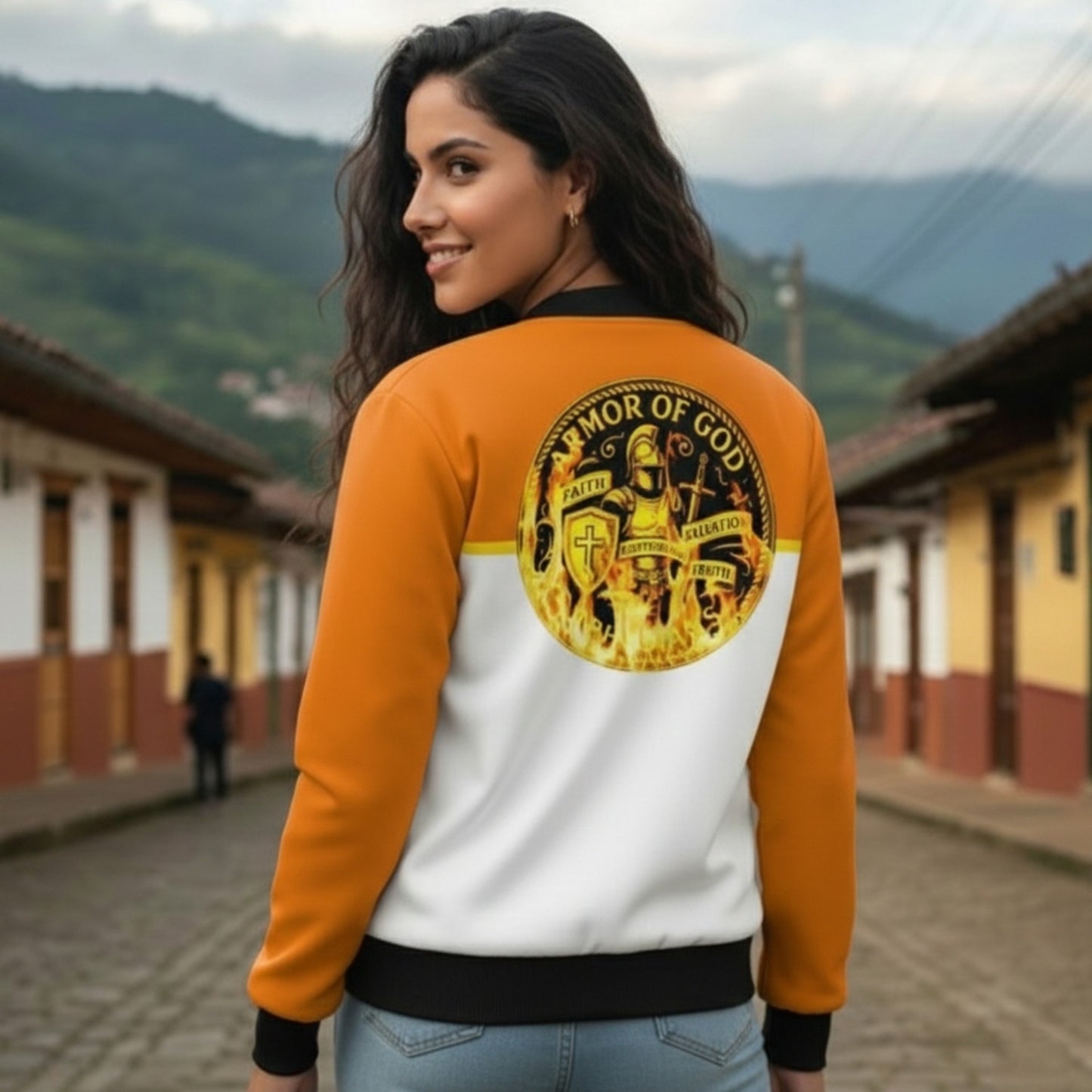 ARMOR OF GOD 01 Ladies Designer Reversible Silk Bomber Jacket