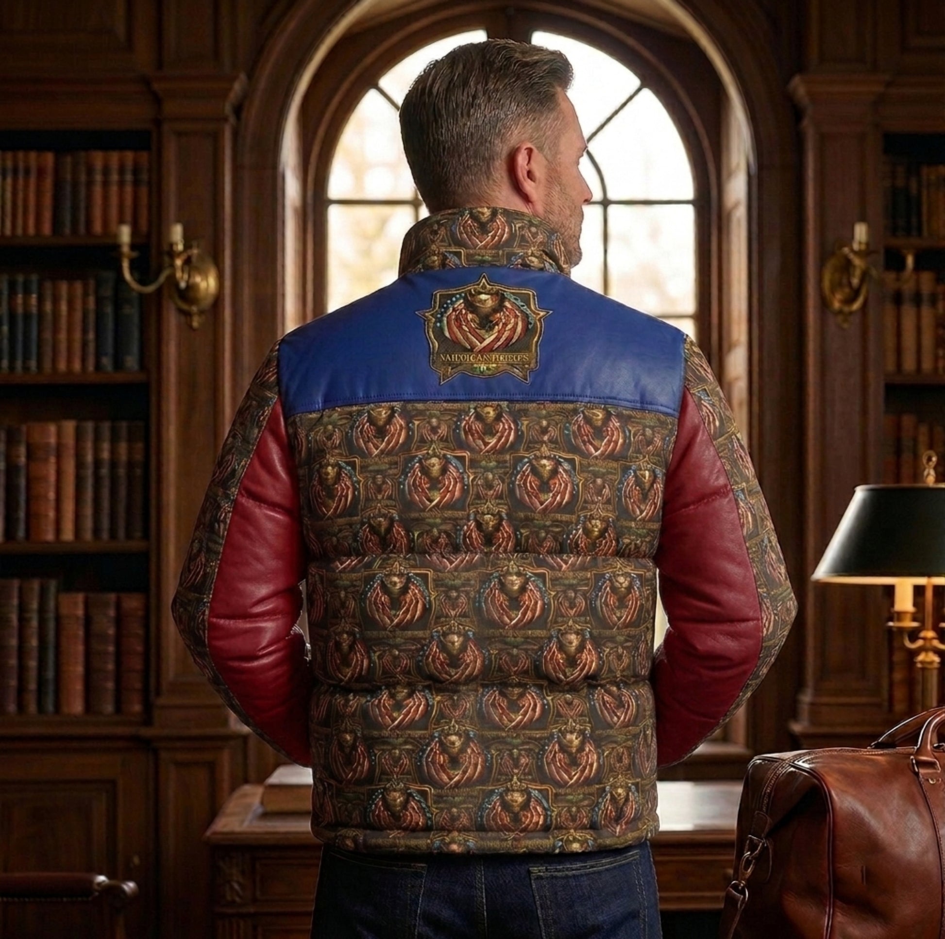 Rear view of the man's blue and red puffer jacket, showing a detailed eagle/shield pattern across the back and a crest on the yolk.