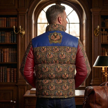 Rear view of the man's blue and red puffer jacket, showing a detailed eagle/shield pattern across the back and a crest on the yolk.