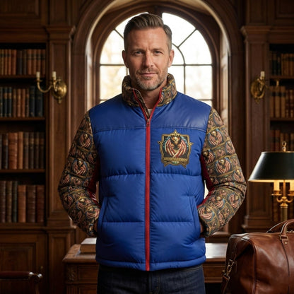 Man in a library wearing a blue puffer jacket with patterned sleeves and a crest. A leather bag is on the desk.