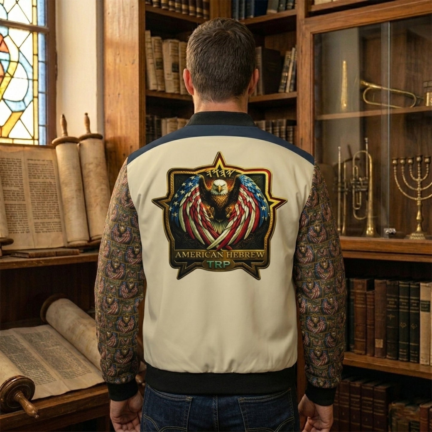 Rear of the same jacket, featuring a large back patch with a patriotic eagle crest and the text "AMERICAN HEBREW TRP."