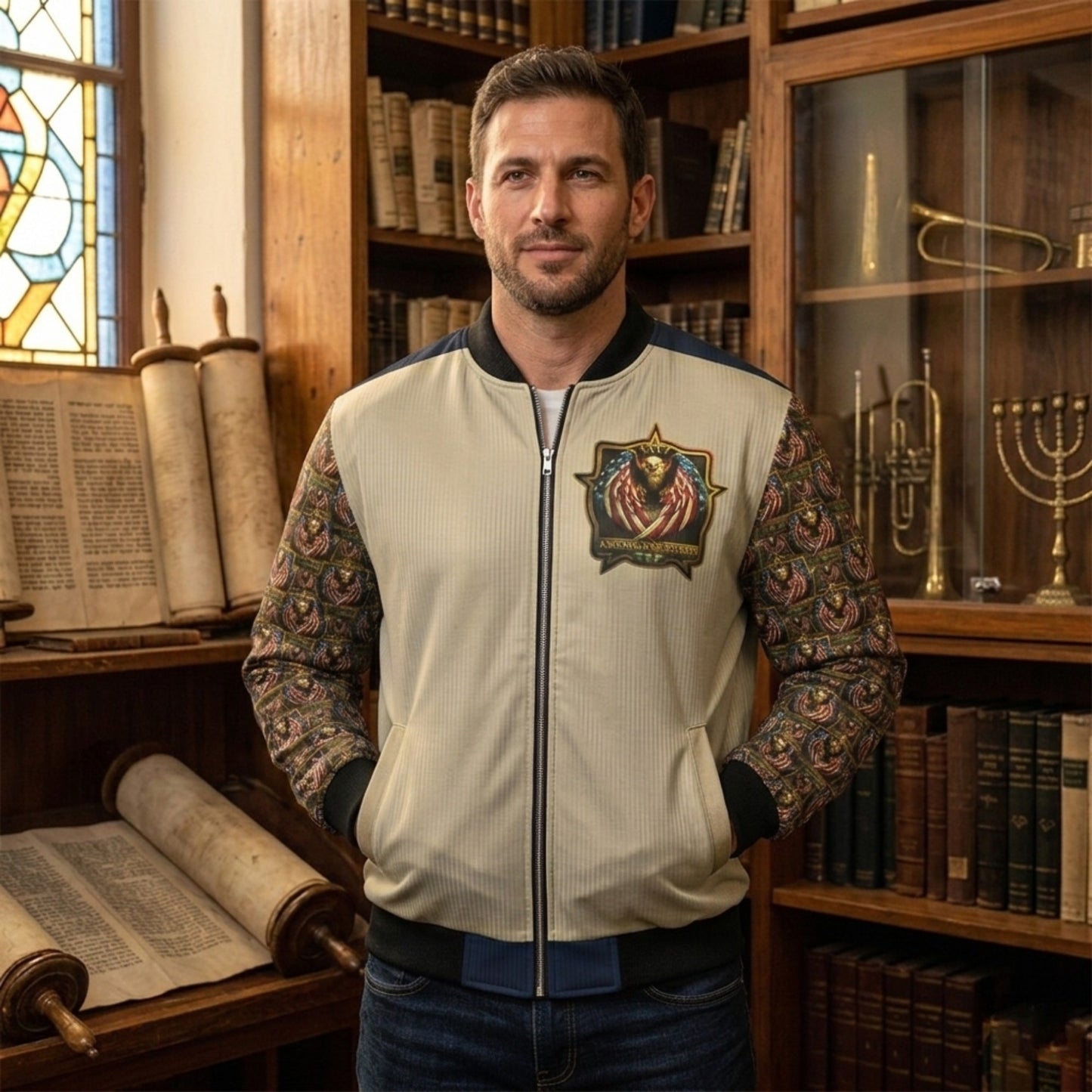 Man wears a cream bomber jacket with patterned sleeves and a chest patch; stands in a library with scrolls and artifacts.