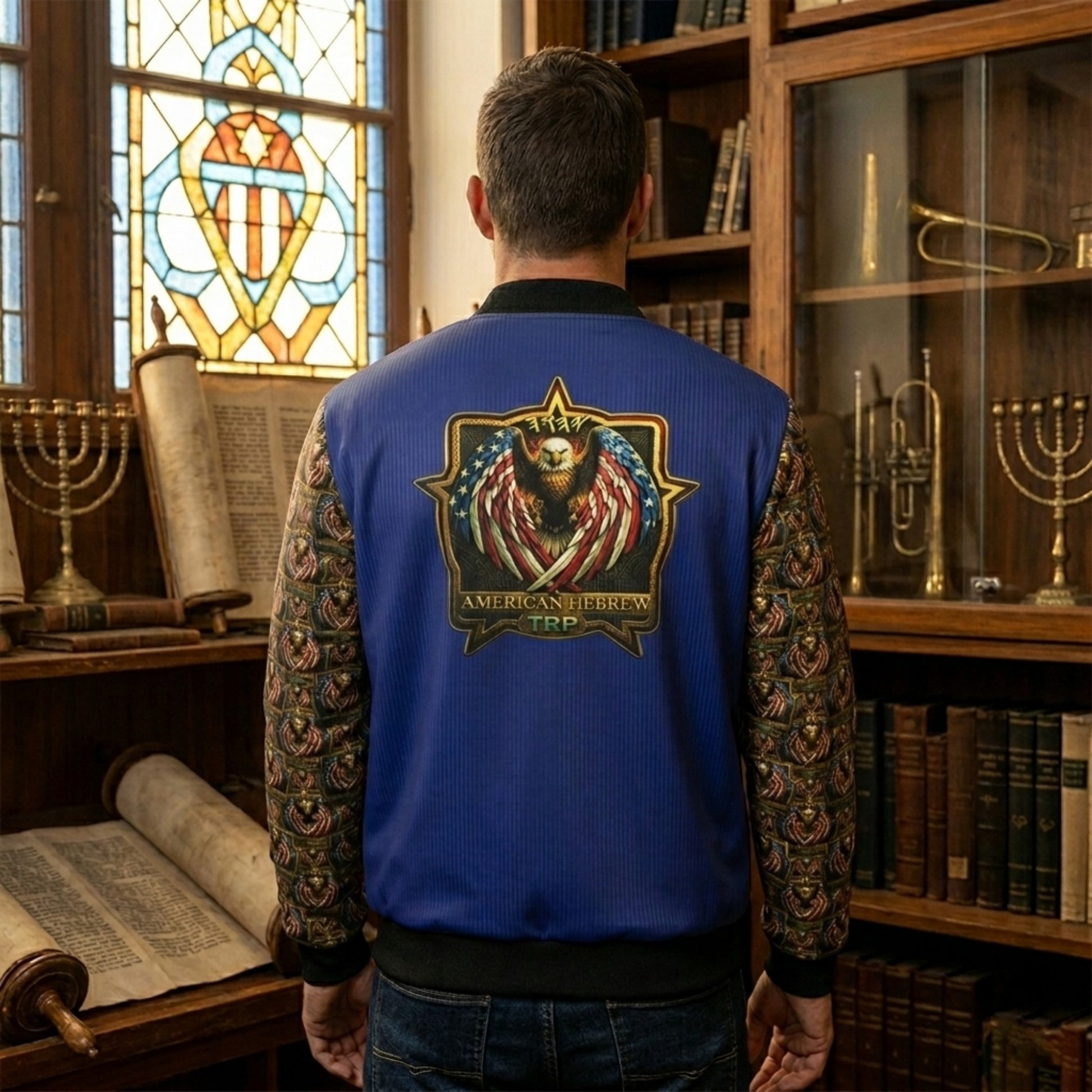 Rear view of the same jacket, showcasing a detailed repeating mythological pattern, blue yoke with crest, and red leather-look sleeves.