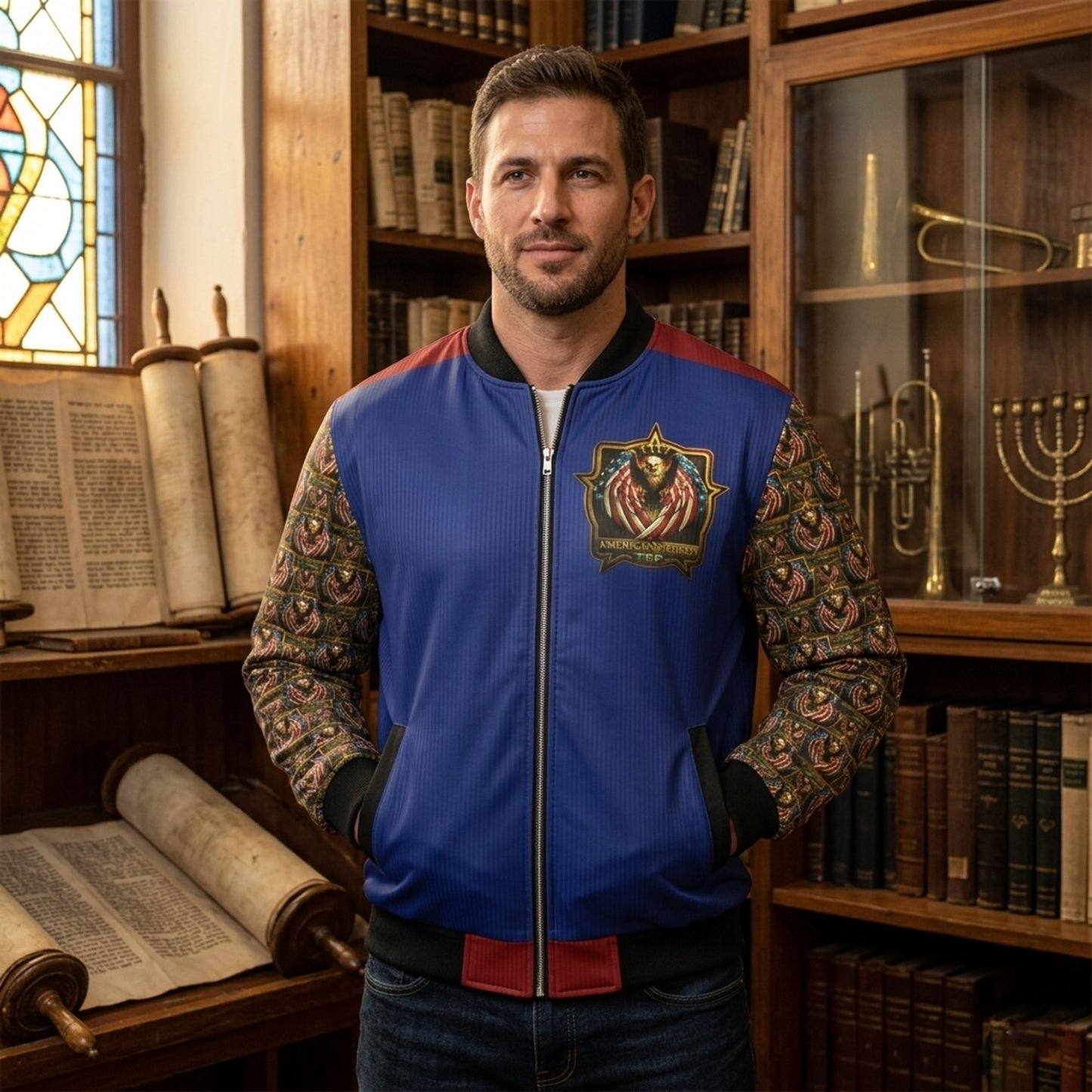 Man in a library wearing a blue and patterned puffer jacket with an ornate crest and red-sleeved accents.