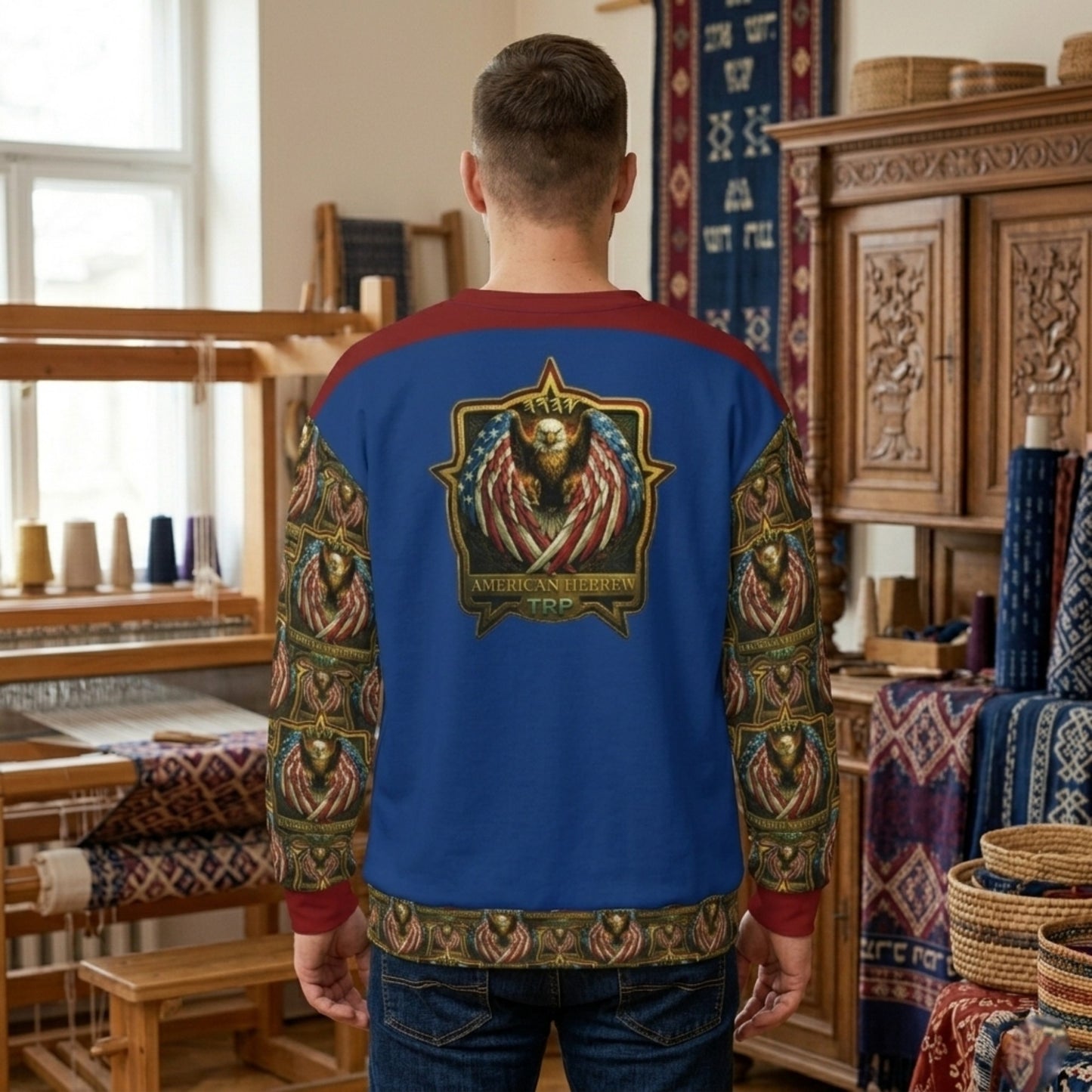 Rear view of the man in the blue sweatshirt, featuring a large centered graphic of an American flag eagle and the text "AMERICAN HEBREW TRP."