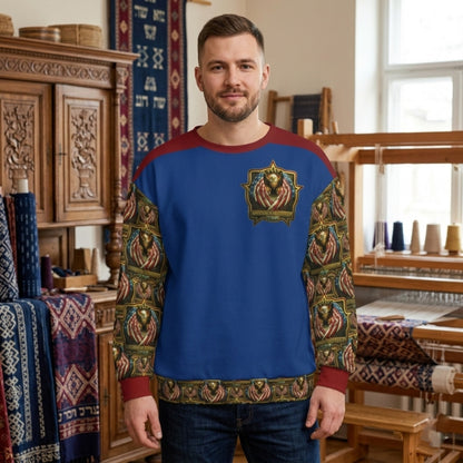 Front: A man wears a blue sweatshirt with patterned sleeves, a red collar, and a chest emblem of an eagle draped in an American flag inside a gold frame.