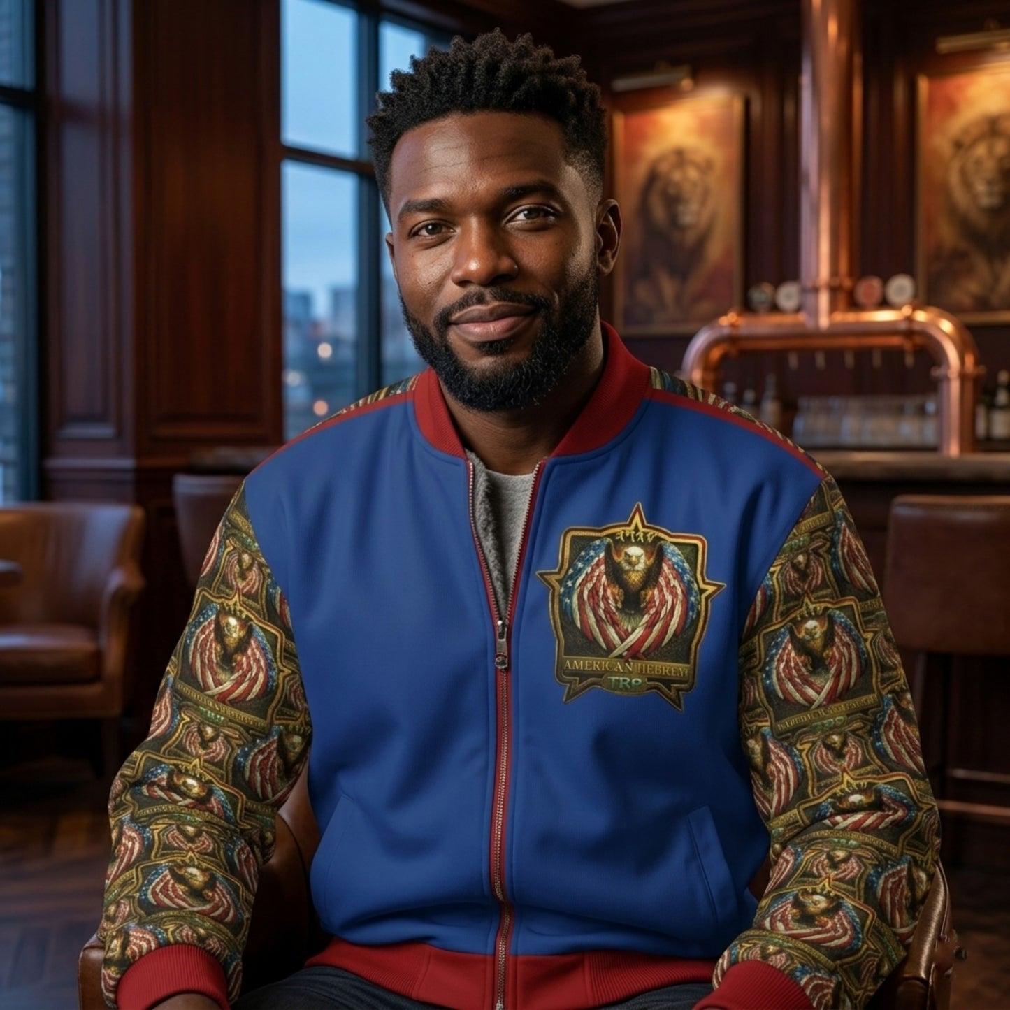 Front view of a man in a blue bomber jacket featuring patterned sleeves and an "American Hebrew" eagle crest, seated in a dimly lit, upscale lounge.