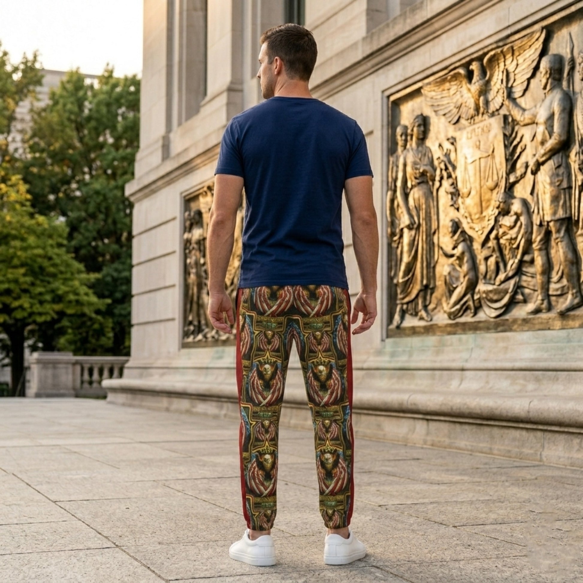 Rear view of a man in a navy t-shirt and patterned joggers standing before a classical stone wall.