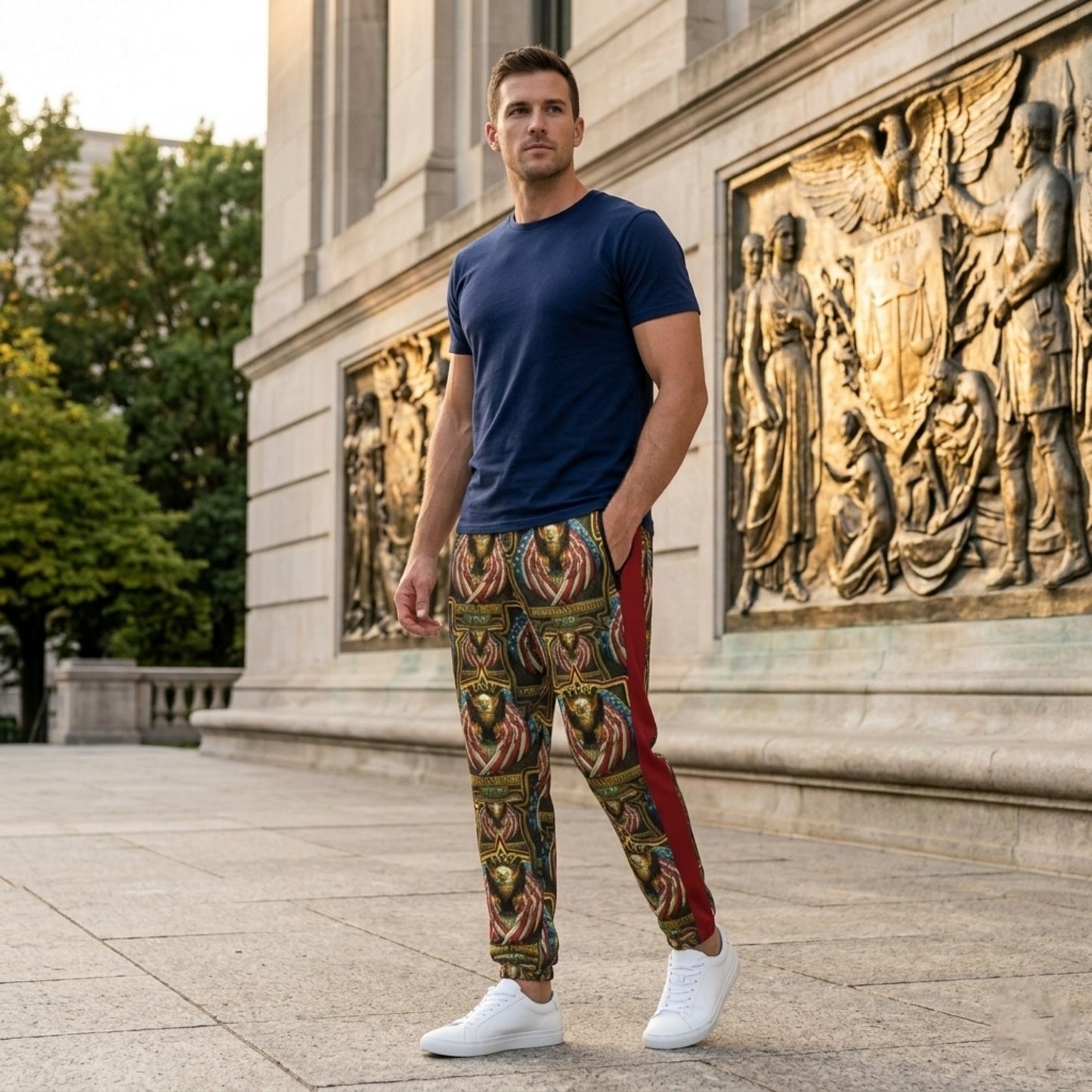 Man in a navy t-shirt and ornate eagle-patterned joggers stands before a classical stone relief.
