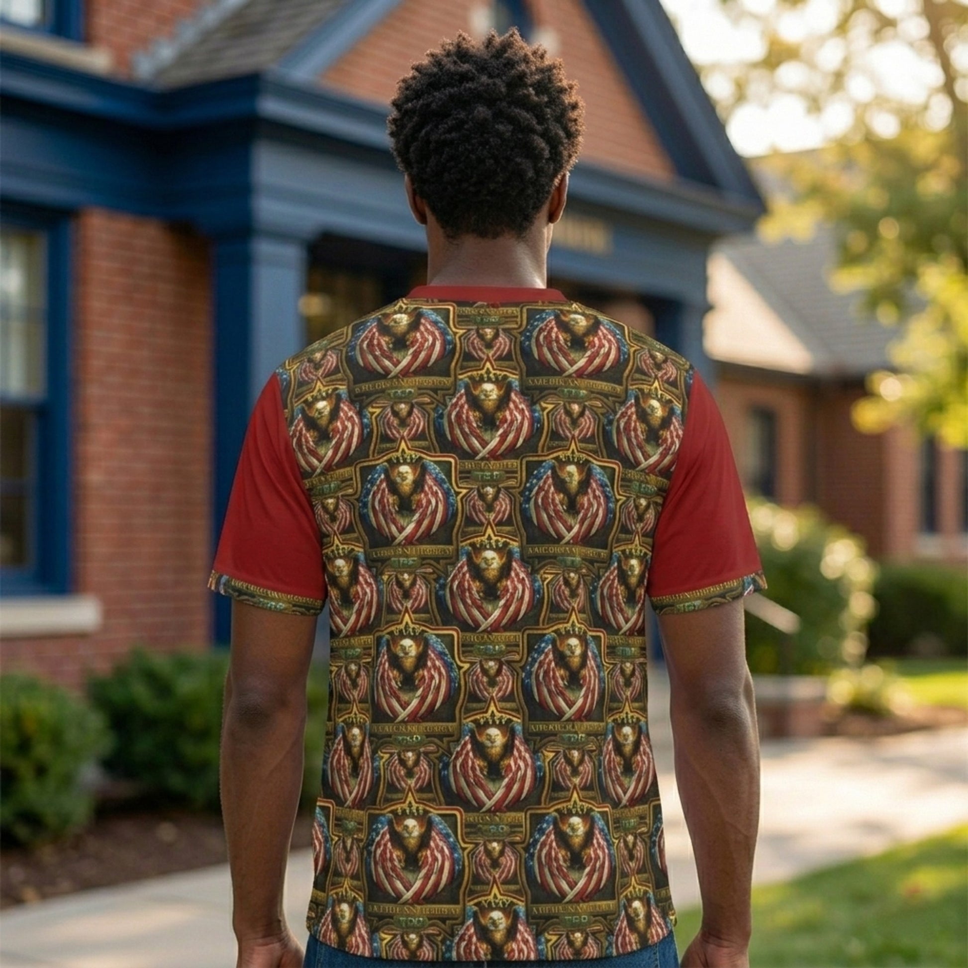 Rear view of the man in the shirt, showing a full back panel covered in a repeated ornate eagle and American flag crest pattern.