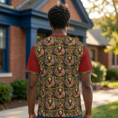 Rear view of the man in the shirt, showing a full back panel covered in a repeated ornate eagle and American flag crest pattern.