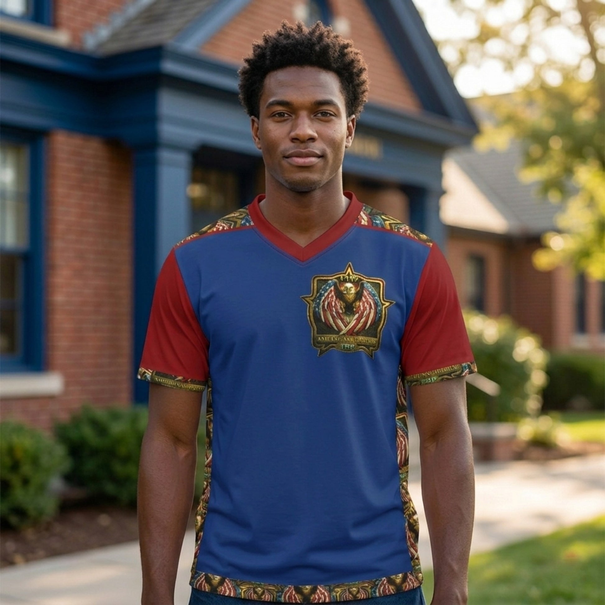 A man wears a blue V-neck shirt with red sleeves and an eagle crest. The sides and trim feature a patterned eagle and flag motif.