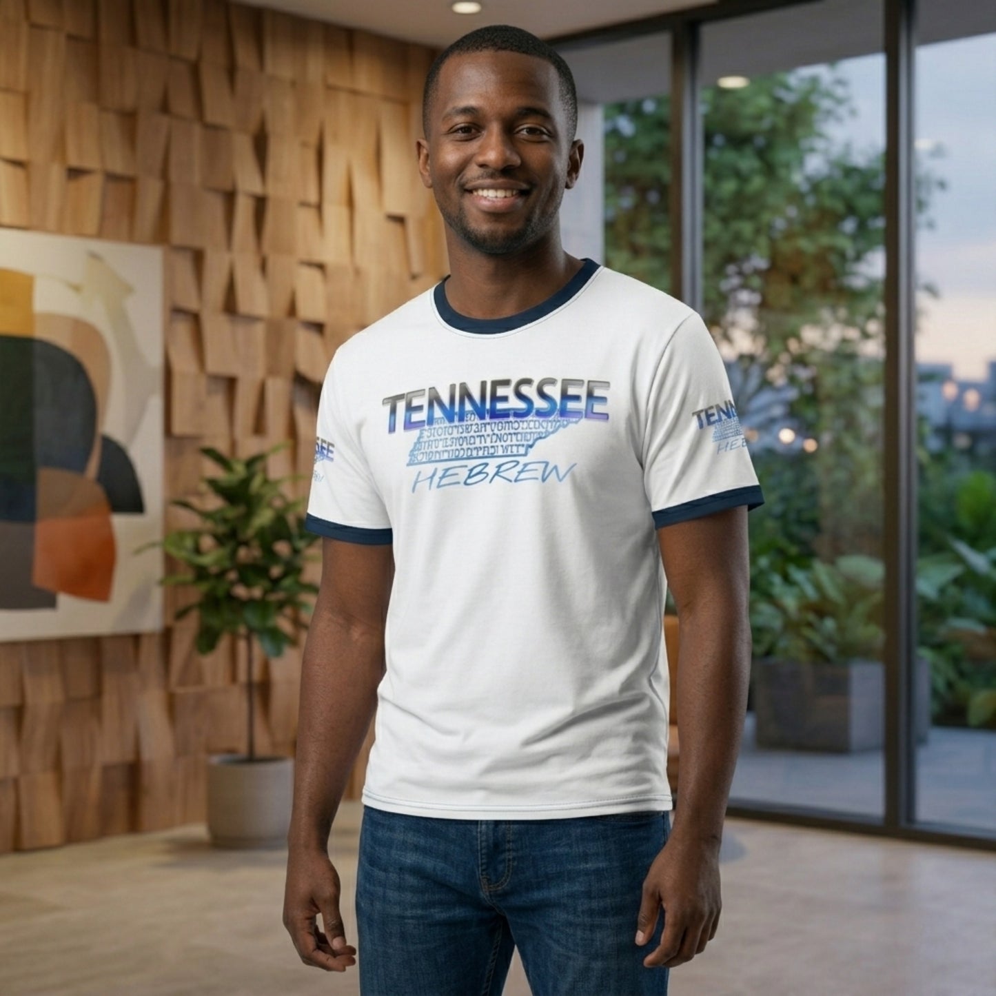 A smiling man wears a white ringer tee with a blue "Tennessee Hebrew" graphic featuring the state silhouette filled with script.