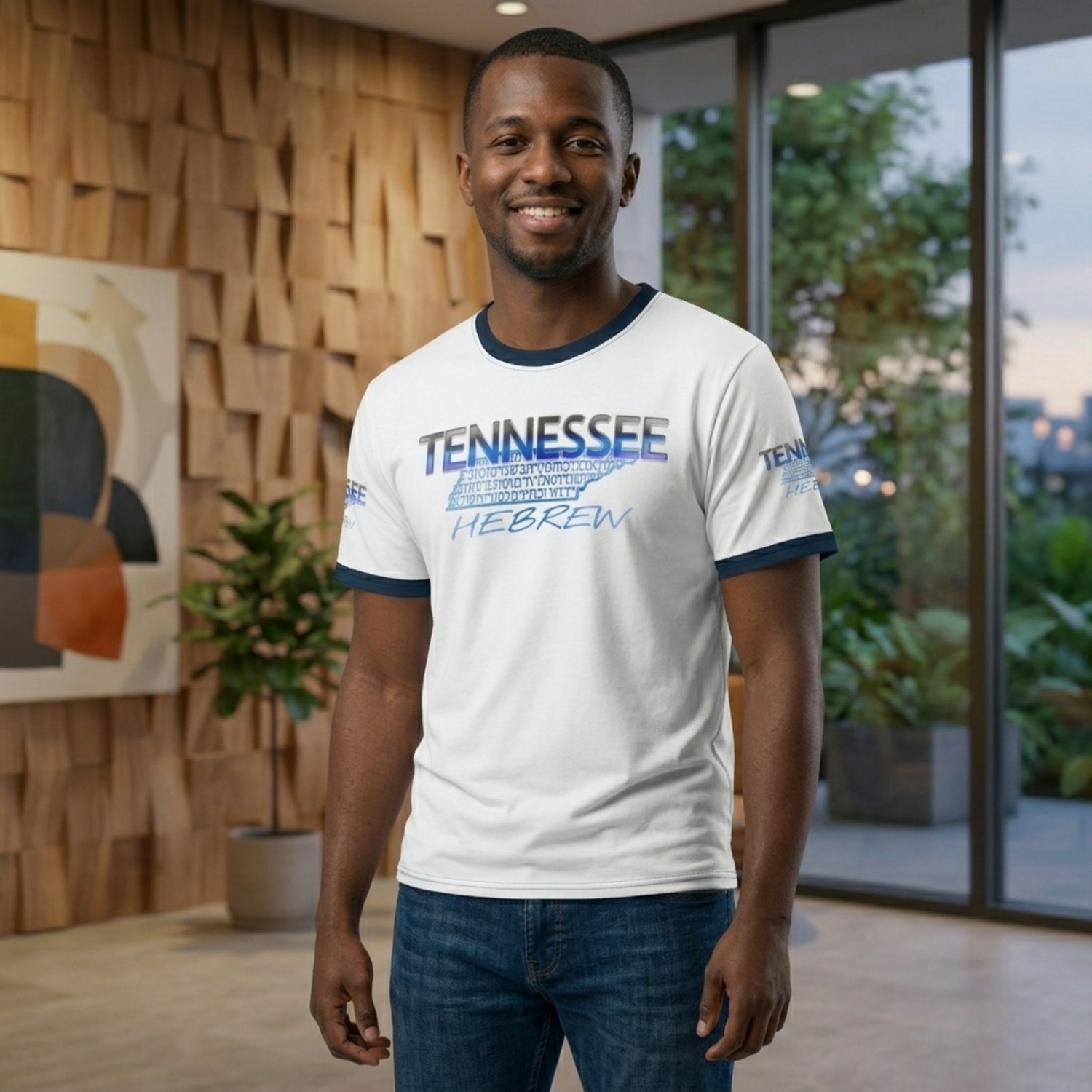 A smiling man wears a white ringer tee with a blue "Tennessee Hebrew" graphic featuring the state silhouette filled with script.