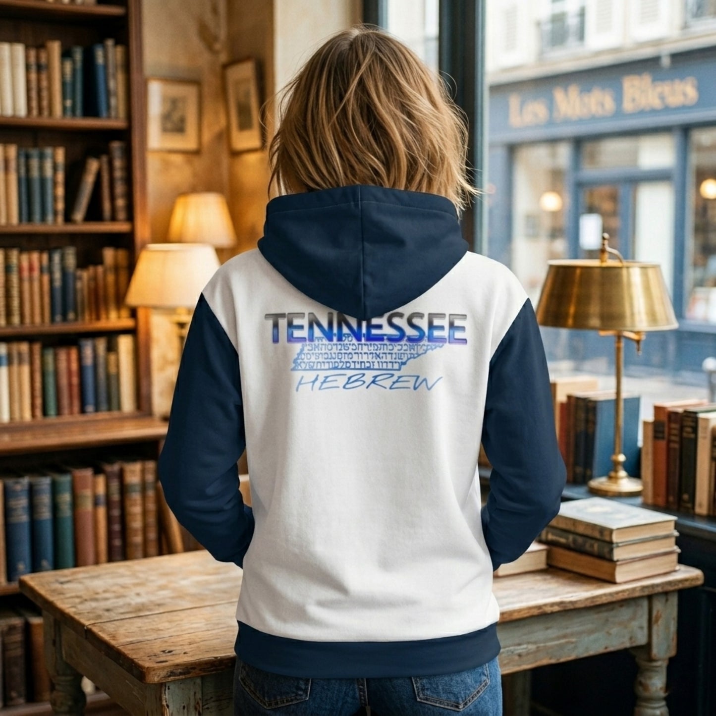 Back view of a woman in a navy and white hoodie with "TENNESSEE HEBREW" and a state map graphic in a library.