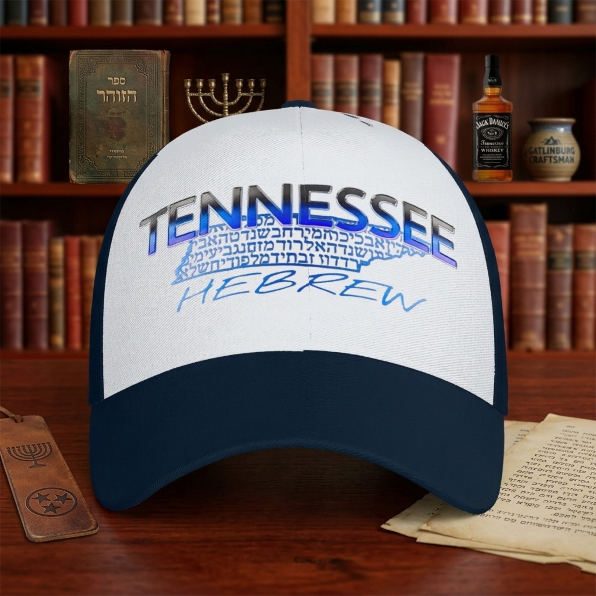 A navy and white trucker hat featuring "TENNESSEE HEBREW" branding sits on a wooden desk in front of a bookshelf with Jewish artifacts and a Jack Daniel's bottle.