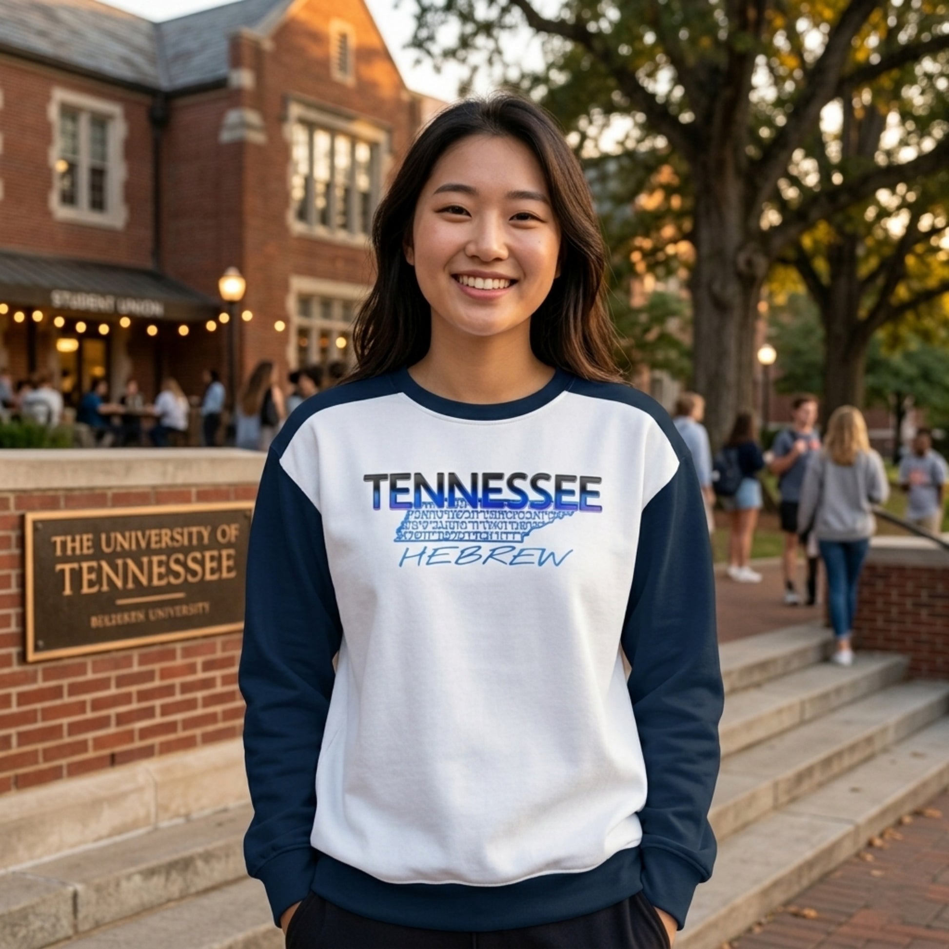 A woman stands on a college campus wearing a white sweatshirt with navy blue sleeves that features "TENNESSEE HEBREW" printed on the front.