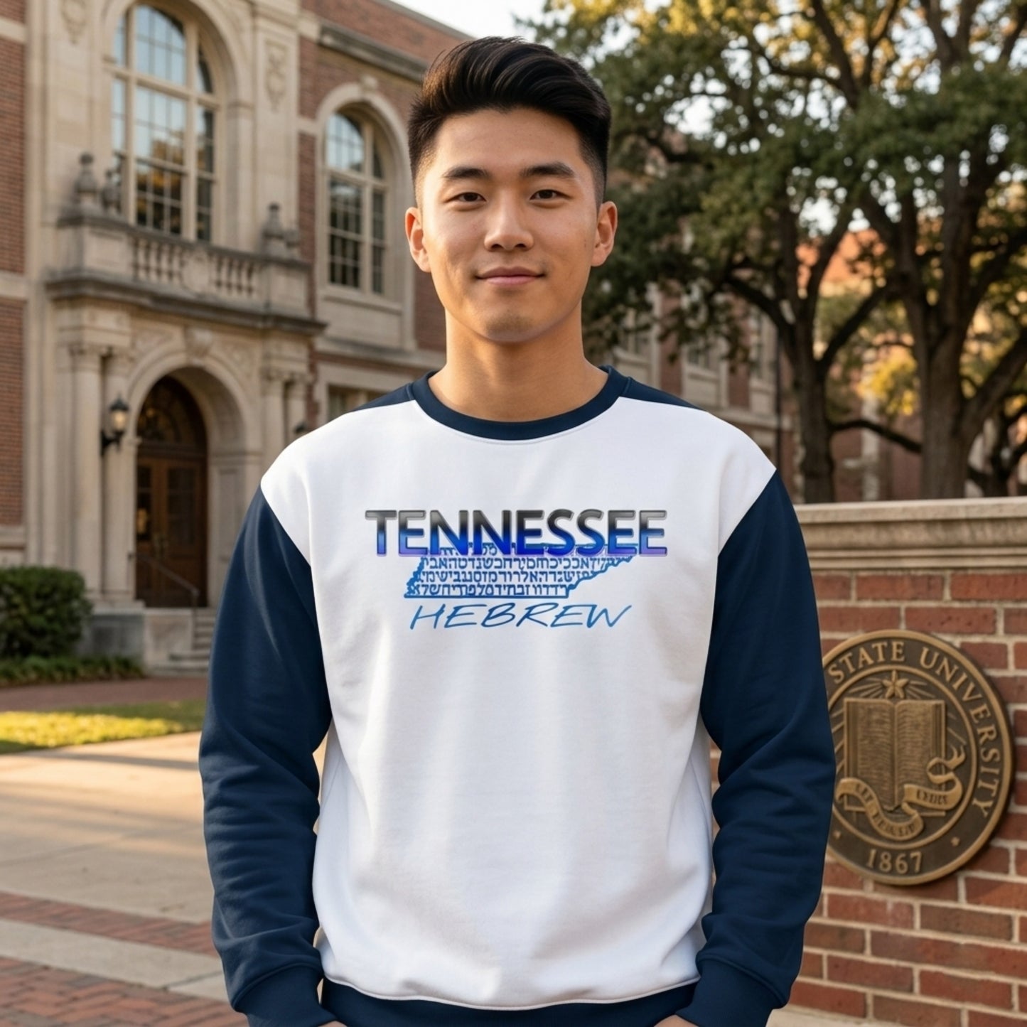 Front view of a man in a white and navy sweatshirt featuring "TENNESSEE HEBREW" text over a map of Tennessee on a college campus.