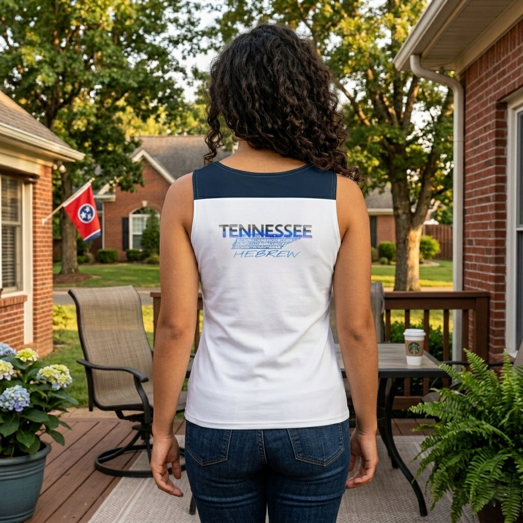 The woman from behind, showing the same Tennessee graphic and navy blue shoulder panel on her white tank top, standing on a deck.