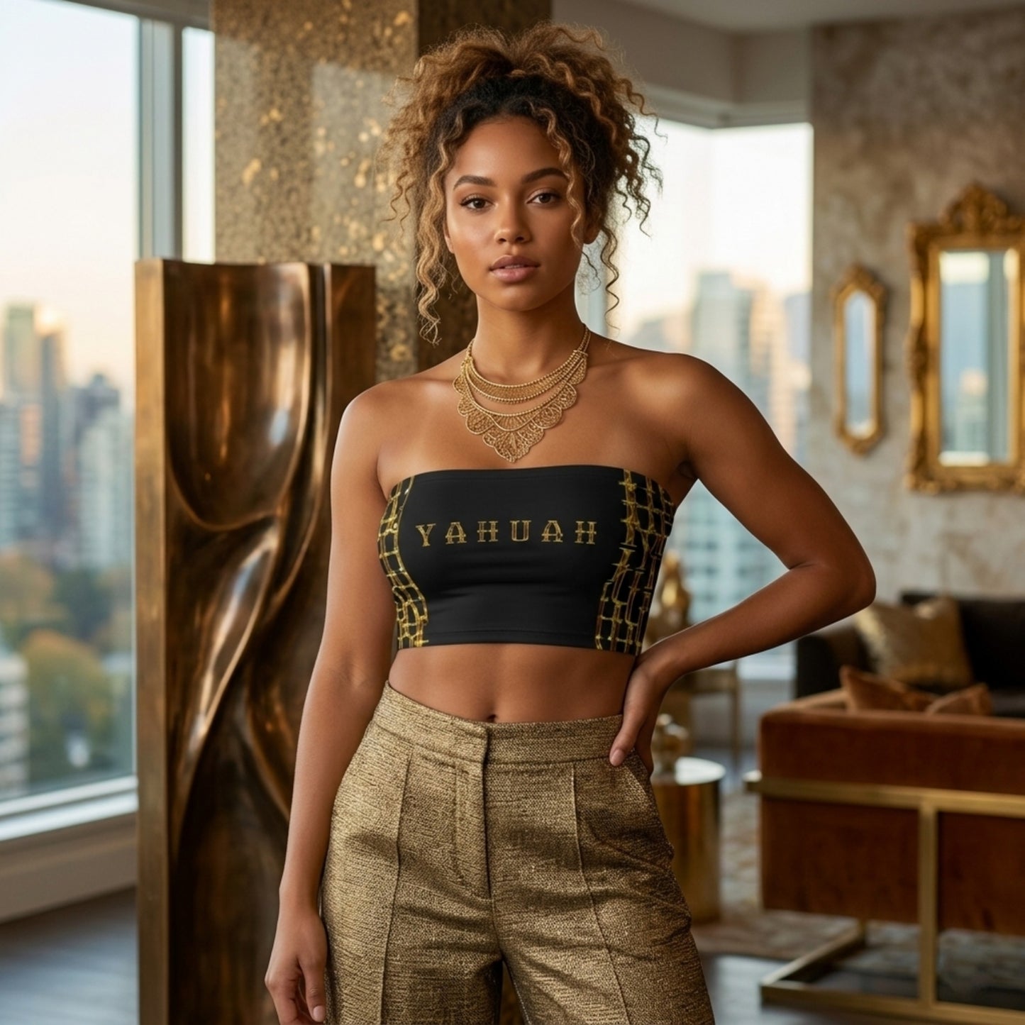 Camo Yahuah 02: Woven in Gold Bandeau Top