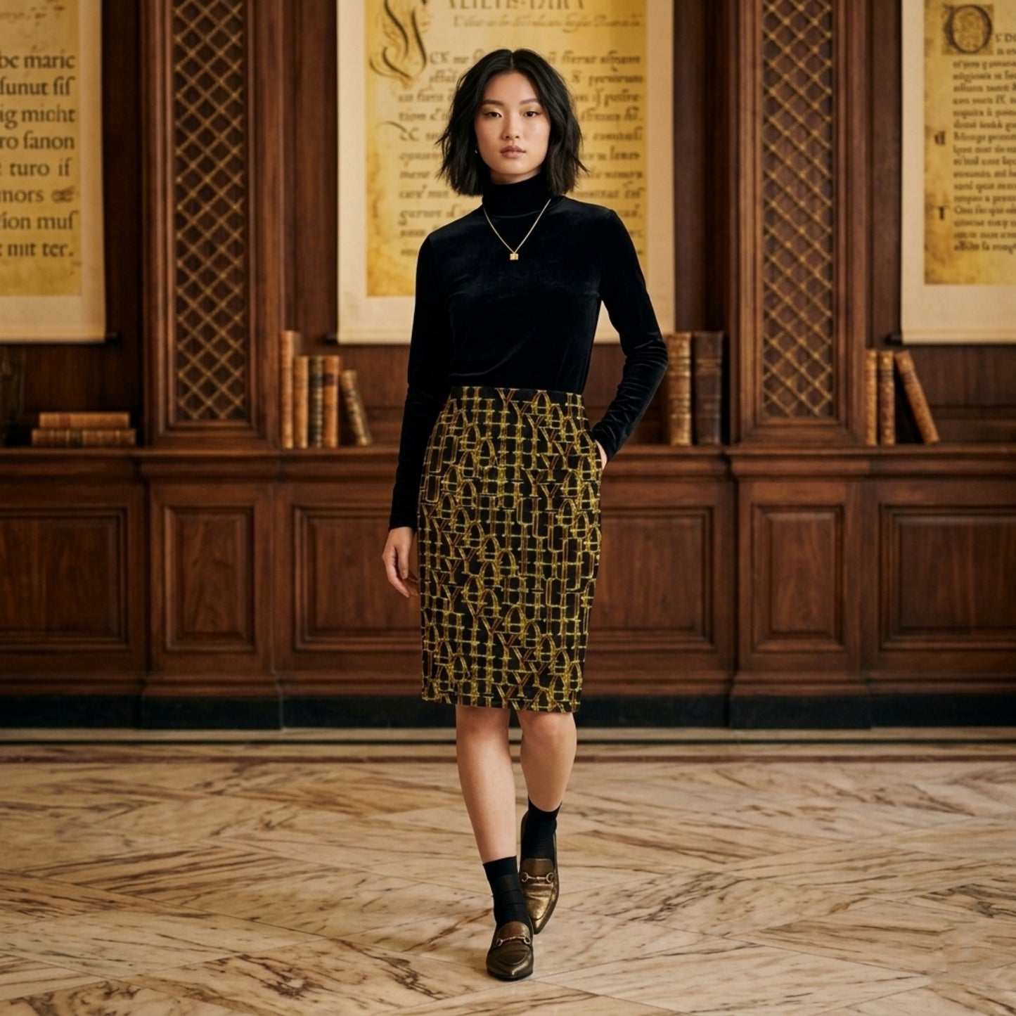 Camo Yahuah 02: Woven in Gold Pencil Skirt