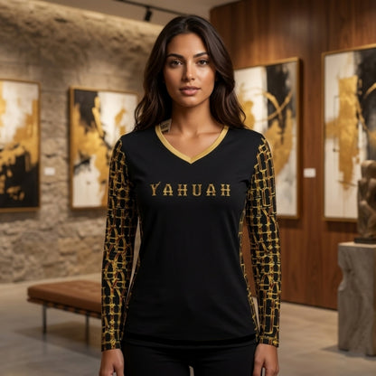 Camo Yahuah 02: Woven in Gold Women's V-neck Long Sleeve Jersey T-shirt