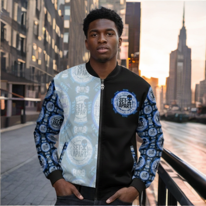 A young man in a city wears a black and light-blue bomber jacket featuring a repeating circular "SET-APART" logo with an alien icon on the chest and sleeves.