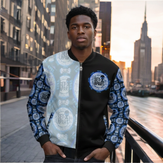 A young man in a city wears a black and light-blue bomber jacket featuring a repeating circular "SET-APART" logo with an alien icon on the chest and sleeves.