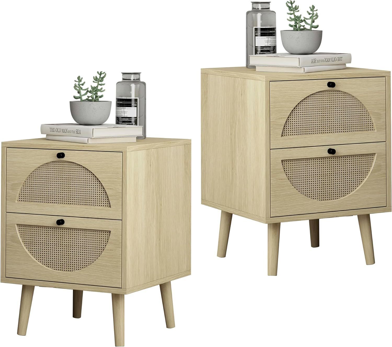 Set of 2 Nightstand End Tables with Rattan Drawers, Natural