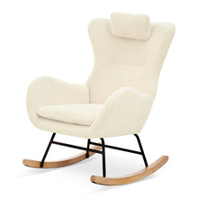 Charger l&#39;image dans la galerie, Adjustable Headrest &amp; Pocket Teddy Upholstered Nursery Rubberwood Rocking Chair with High Backrest, Beige
