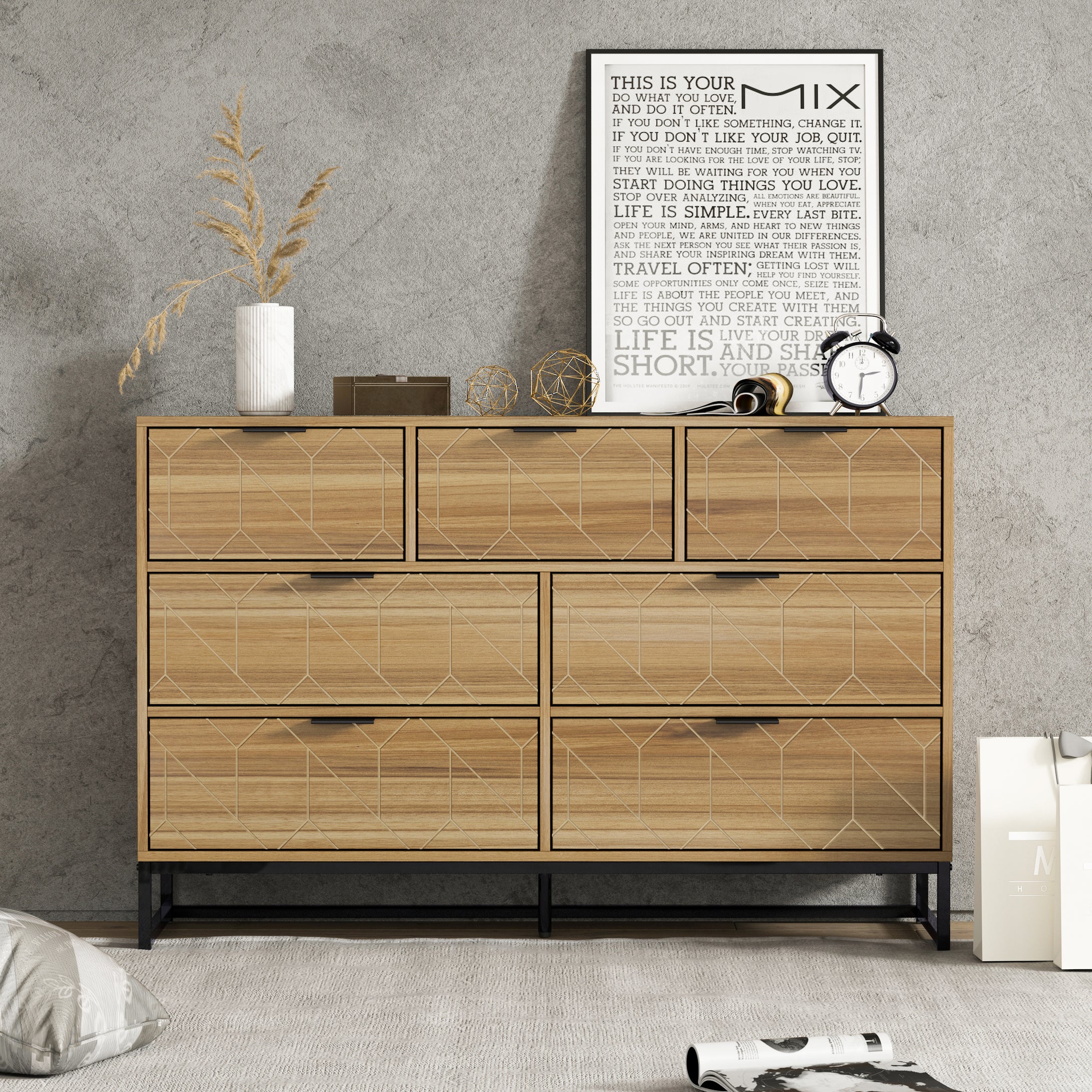 Modern 7 Drawer Wood Dresser, Walnut Color