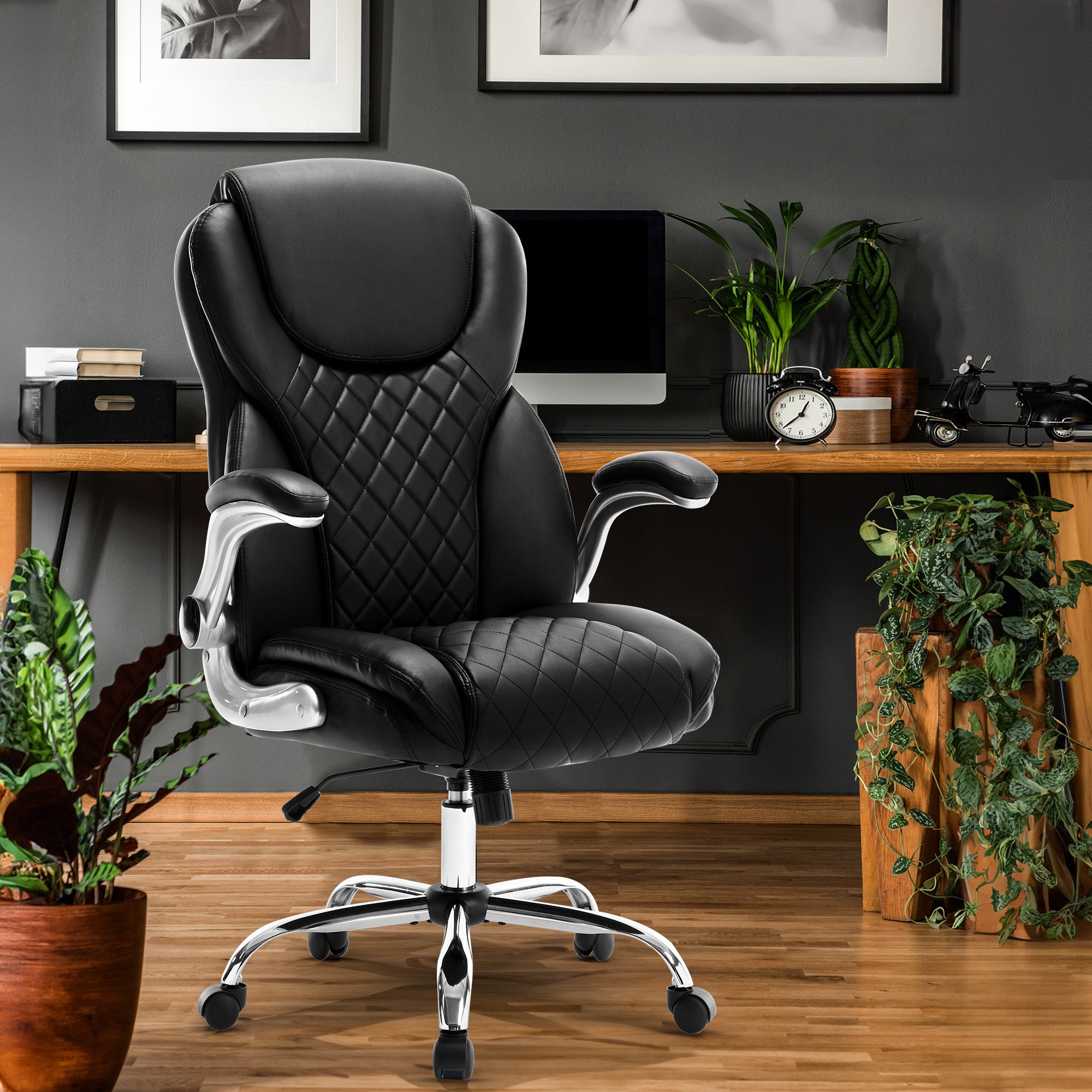 Executive Ergonomic Leather Rocking Office Chair with Flip Up Armrests, Black