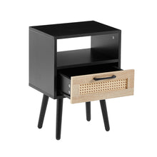 Load image into Gallery viewer, 15.75&quot; Modern Rattan Nightstand with Drawer and Solid Wood Legs (Black)

