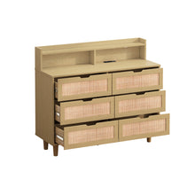 Load image into Gallery viewer, 43.31&quot; 6 Drawer Rattan Dresser with LED Lights, USB Ports and Power Outlet, Natural

