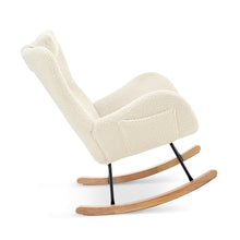 Cargar imagen en el visor de la galería, Adjustable Headrest &amp; Pocket Teddy Upholstered Nursery Rubberwood Rocking Chair with High Backrest, Beige
