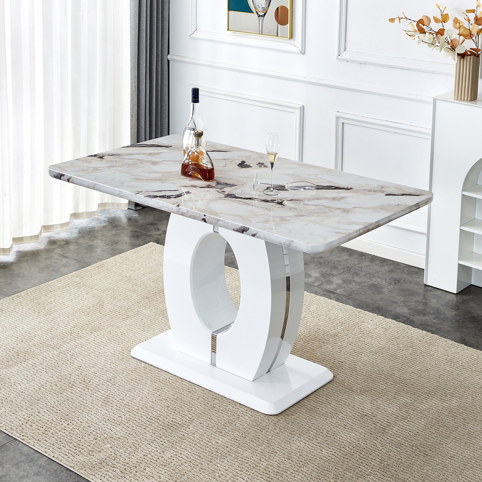 Rectangular 63 inch Faux White Marble Top Dining Table