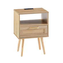 Charger l&#39;image dans la galerie, 15.75&quot; Modern Rattan Nightstand with Power Outlet, USB Ports, Drawer and Solid Wood Legs (Natural)
