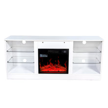 Carica l&#39;immagine nel visualizzatore di Gallery, Modern Fireplace TV Stand Entertainment Center for TVs up to 62 Inch with 18 Inch Electric Fireplace Heater, Adjustable Glass Shelves and Storage Cabinets (White)
