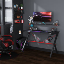 Charger l&#39;image dans la galerie, 47 inch Computer Gaming Desk with Elevated Monitor Shelf, Rotatable Cup Holder and Headphone Hook, Black
