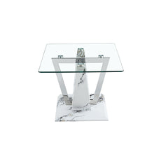 Charger l&#39;image dans la galerie, Transparent Tempered Glass 43 inch Coffee Table with Marble Patterned MDF Legs and Stainless Steel Decorative Columns
