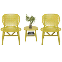 Load image into Gallery viewer, 3 Piece Hollow Design Retro Outdoor Patio Table and Lounge Chairs Furniture Set with Open Shelf and Widened Seats (Yellow)
